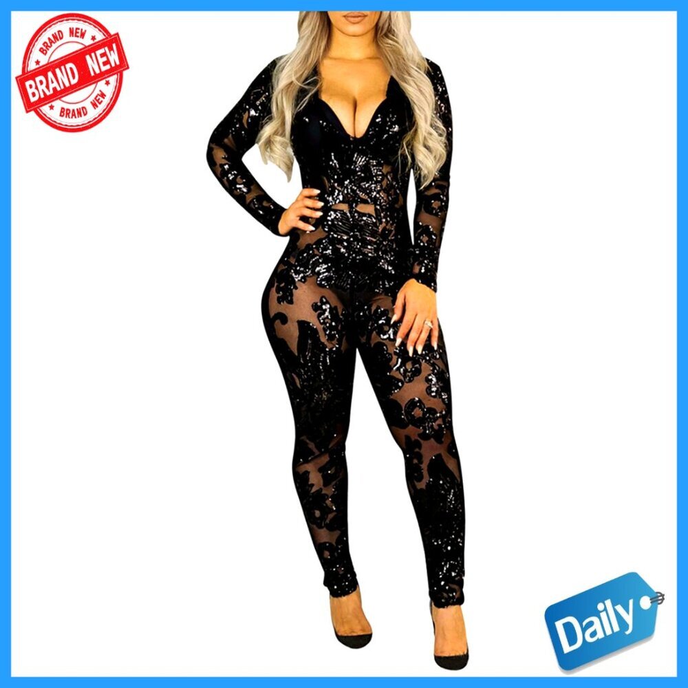 Sequin Bodycon Jumpsuit Lace V Neck Long Sleeve Romper Clubwear Party Outfit